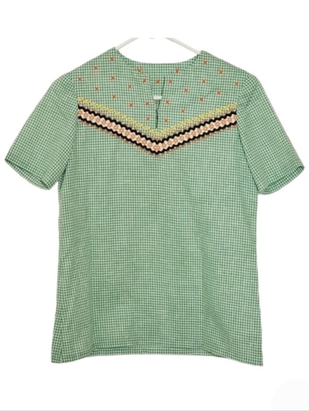1395 * Handmade Girls Gingham Top Green White Size Unknown Vintage 70s